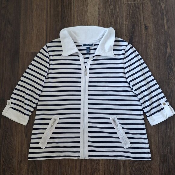 NWT Karen Scott Striped Full Zip Pockets Preppy Sweater Size 2X - Picture 1 of 7